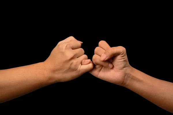 Két Kéz Horog Egymást Kis Ujj Fekete Háttér Szimbóluma Ígéret — Stock Fotó