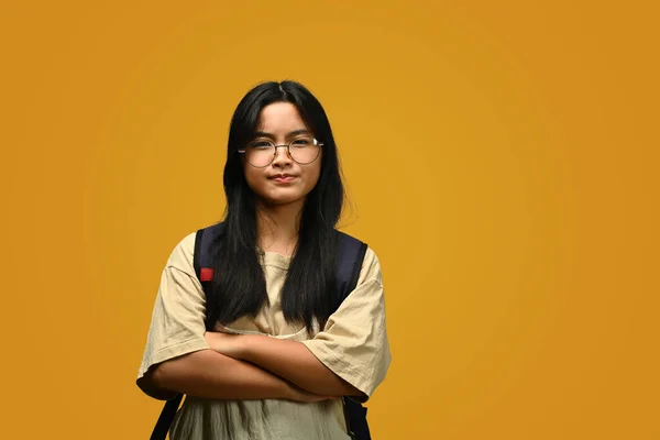 笑顔のアジアの少女は 黄色の背景にペンキパレットとブラシを立っている アート 創造性 教育コンセプト — ストック写真