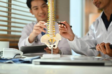 Ortopedist beyaz laboratuvar önlüğü, omurga modelini gösteren hasta tedavisini tartışıyor..