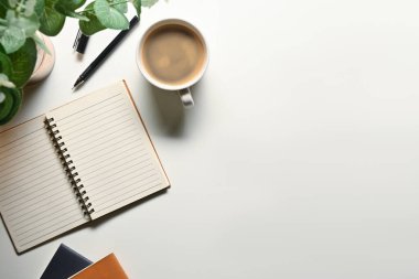 Boş spiral defter, kalem, kahve fincanı ve beyaz arka planda saksı bitkisi. Kopyalama alanı olan üst görünüm.