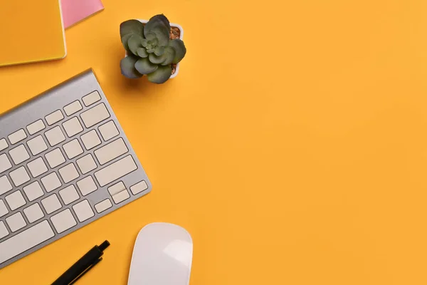 Above view keyboard, notebook and succulent plant on yellow background. Space for text advertising text message.