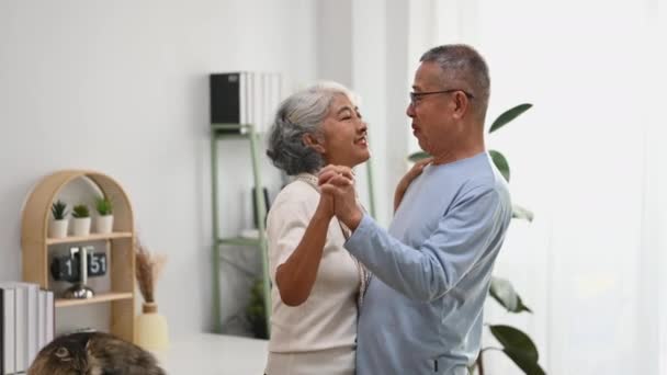 Szeretetteljes Idős Pár Táncol Nappaliban Élvezik Nyugdíjas Életet Szabadidejüket Otthon — Stock videók