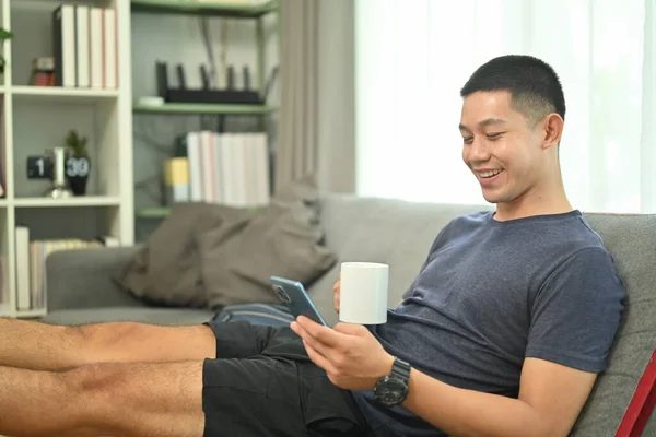 Smiling man typing massage, checking social media on mobile phone while leaning on couch at home.