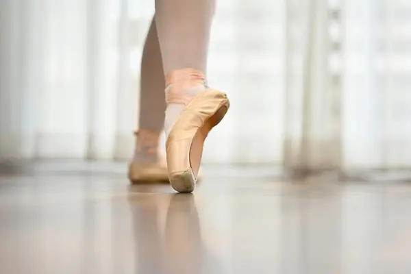 Close up classic ballerina legs in pink pointe shoes on the wooden floor. Dance, art and active lifestyle concept.