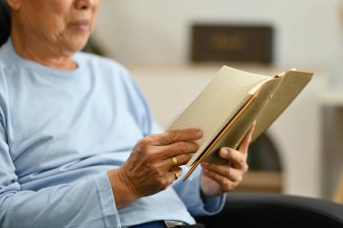 Huzurlu son sınıf öğrencisi, günlük giysiler içinde evdeki koltukta kitap okuyor..