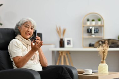 Çekici, olgun bir kadın evdeki koltukta dinlenirken hoş bir telefon konuşması yapıyor..