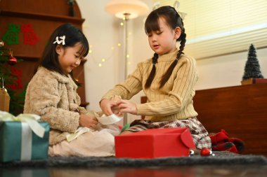 İki mutlu kardeş güzel bir oturma odasında oturmuş Noel hediyesi kutularını açıyorlar..