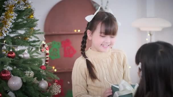Съемка Двух Подруг Сестер Обменивающихся Рождественскими Подарками Дома Против Украшенной — стоковое видео