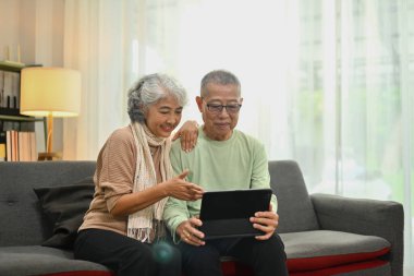 Mutlu emekli eşler kanepede dinleniyor internet alışverişi yapıyor ve dijital tablette internet geziyor..