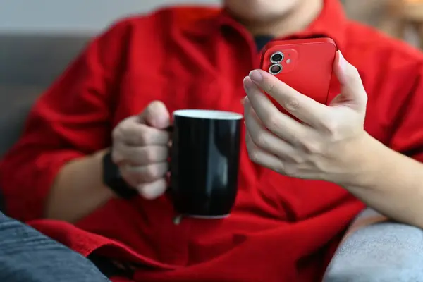 Relaxed man sitting on couch at home holding coffee cup and checking social media on mobile phone.