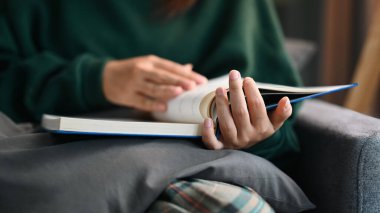 Hafta sonu kanepede dinlenirken kitap okuyan huzurlu genç bir kadın..