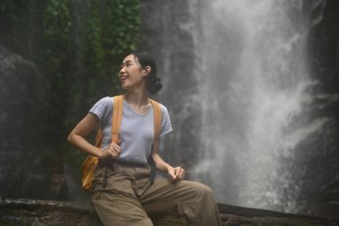 Sırt çantalı turist kadın şelalenin arka planında devrilmiş ağaç gövdesinde oturuyor..