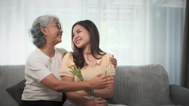 Sorrindo Cabelos Grisalhos Mãe Sênior Filha Adulta Abraçando Com Amor — Vídeo de Stock