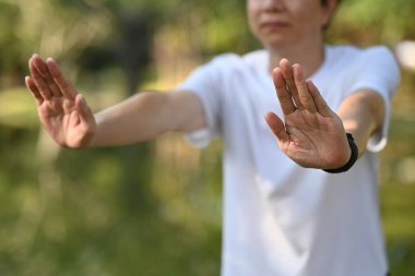 Huzurlu orta yaşlı bir adam huzur parkında Tai Chi çalışıyor. Sağlıklı yaşam tarzı kavramı
