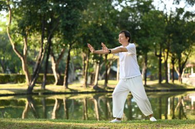 Tai Chi pratik yapan son sınıf öğrencisi yaz parkında gün batımında göl kenarında.