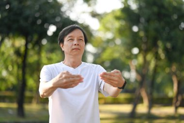 Sakin orta yaşlı Asyalı adam güneş doğarken parkta Qigong antrenmanı yapıyor. Sağlıklı yaşam tarzı kavramı