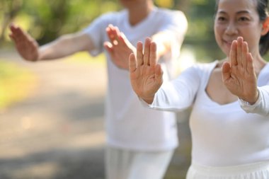 Kıdemli bayan parkta geleneksel Tai Chi Chuan çalışırken ellerini kaldırıyor.