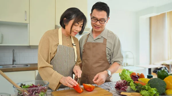 Happy Asian retired couple preparing healthy vegetarian lunch and spending time together