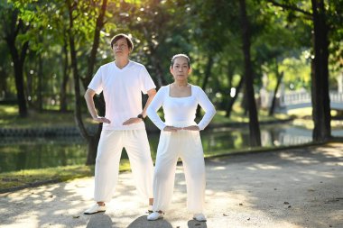 Qi Gong ya da Tai Chi egzersizleri yapan orta yaşlı bir çift.