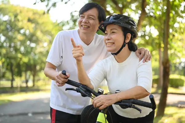 Yaz Parkında Bisiklet Süren Mutlu Asyalı Yaşlı Çift Etkin Emeklilik — Stok fotoğraf