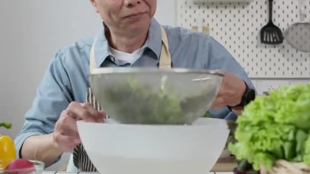 Smilende Pensioneret Mand Gør Frisk Grøntsagssalat Nyder Madlavning Køkkenet – Stock-video
