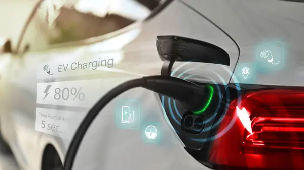 电动汽车被赋予了未来显示充电器的地位 生态友好型可持续能源概念 — 图库照片