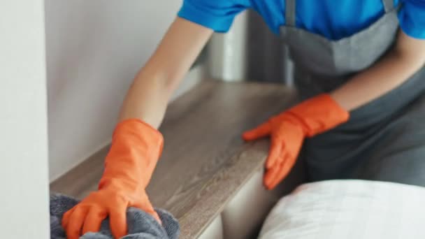 Schöne Junge Hausfrau Die Schürzen Mit Einem Tuch Reinigt — Stockvideo