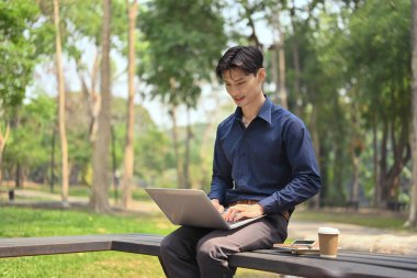 İş adamı güneşli bir günde bankta dizüstü bilgisayar kullanıyor..