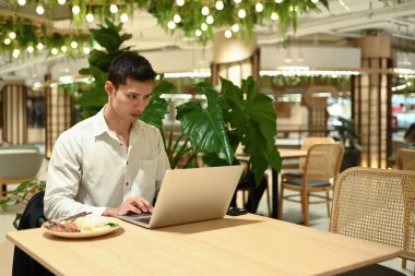Modern ofis lobisinde bitkilerle otururken bilgisayarla çalışan odaklanmış yetişkin iş adamı.
