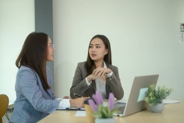 Dizüstü bilgisayarda mali verileri analiz eden ve toplantıda pazarlama stratejisi planlayan iki iş kadını.