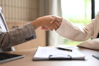 Ofiste yapılan başarılı anlaşmadan sonra şirket yöneticilerinin el sıkışması..