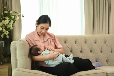 Kanepede oturan ve kucağında yeni doğmuş şirin bir bebek tutan mutlu bir anne. Çocuk bakımı kavramı.