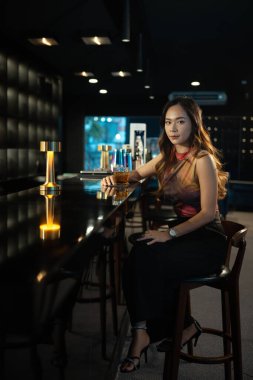 Barda bir bardak viskiyle rahatlayan zarif genç bir kadının portresi. Gece hayatı konsepti.