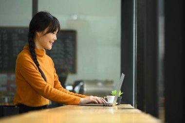 Modern ofis kahve dükkanında dizüstü bilgisayarla çalışan Asyalı genç bir kadının yan görünüşü.