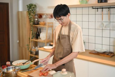 Önlüklü genç Asyalı adam evdeki mutfakta sağlıklı bir yemek hazırlıyor..