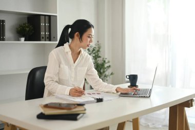 Bilgisayarı ve belgesi bir ofiste çalışan odaklanmış genç bir iş kadını..