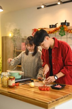 Mutlu genç çift mutfak tezgahında birlikte bir Noel yemeği hazırlıyor..