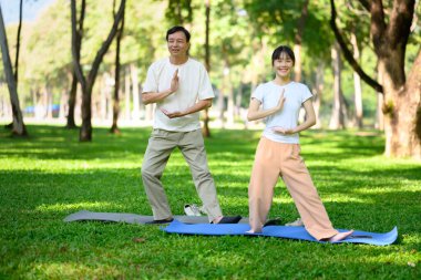 Mutlu kıdemli adam ve kızı parkta Qigong egzersizleri yapıyor. Ruh sağlığı ve aile aktiviteleri kavramı.