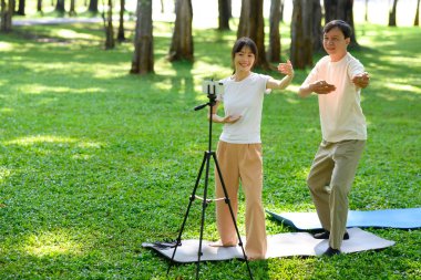 Neşeli kadın ve orta yaşlı adam birlikte Tai Chi yapıyorlar. Manzaralı parkta ve akıllı telefondan seanslarını kaydediyorlar..
