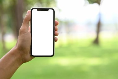 Bulanık yeşil park arka planına karşı boş ekranlı akıllı telefonu tutarken elinizi kapatın.