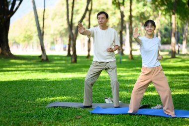Orta yaşlı baba ve kızı huzur parkında Tai Chi çalışıyor. Aile aktiviteleri, sağlık ve refah kavramı.