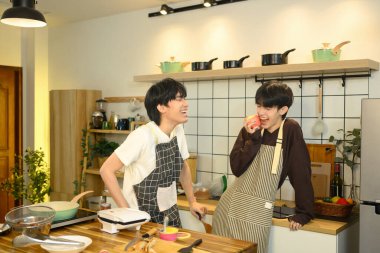 Neşeli eşcinsel çift mutfakta birlikte yemek hazırlarken neşeli bir anı paylaşıyor...