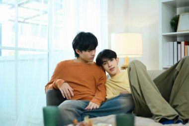 Sevgi dolu eşcinsel çift, parlak bir oturma odasında rahat bir kanepede dinleniyorlar..