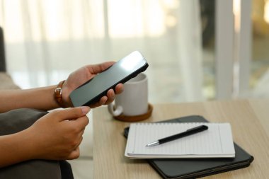 Kanepede oturan akıllı telefonu tutan tanınmayan bir kadın..