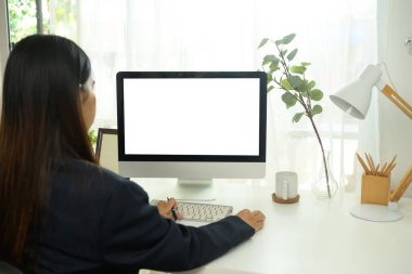 Genç bir iş kadınının parlak bir ofiste bilgisayarla çalışmasının arka planda kalan görüntüsü..