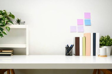 Kitapları, kırtasiyesi ve dekoratif bitkileri olan temiz ve düzenli çalışma alanı.