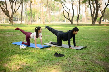 Barışçıl bir parkta paspaslar üzerinde yoga yapan aktif genç bir çift. Açık hava fitness ve sağlıklı yaşam konsepti.