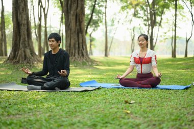 Parkta birlikte yoga yapan sakin bir çift. Sağlık ve zihinsel sağlık içeriği.