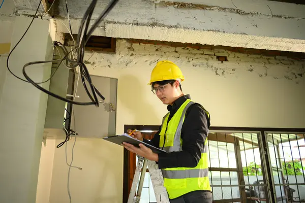 Profesyonel elektrikçi planlarını gözden geçirir ve elektrik denetimi yaparken notlar alır..