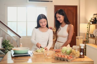 Gülümseyen anne ve kız evdeki sıcak mutfakta birlikte sağlıklı bir yemek hazırlıyorlar..